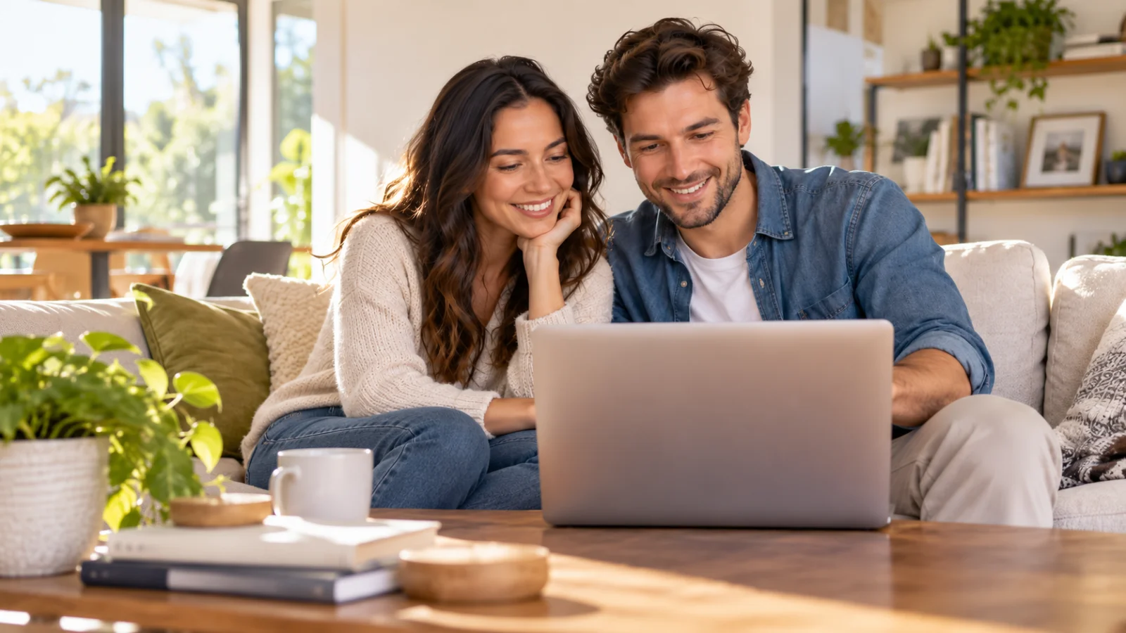 Young couple reviewing information together on a laptop at home
