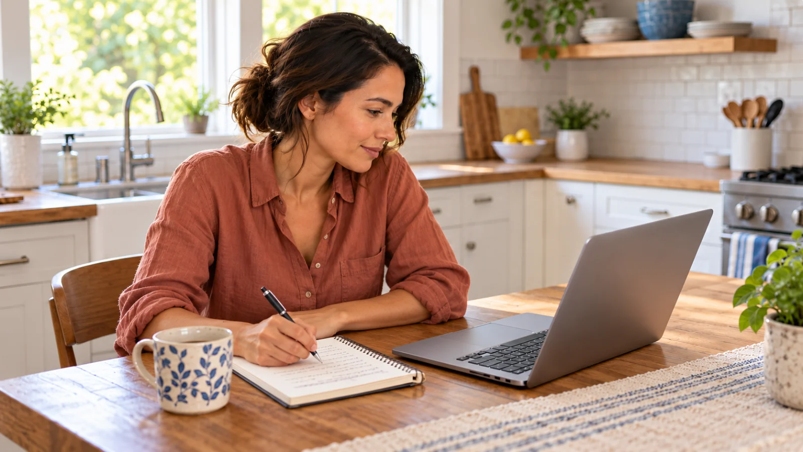 Woman comparing health insurance options on a laptop at a sunlit kitchen table.
